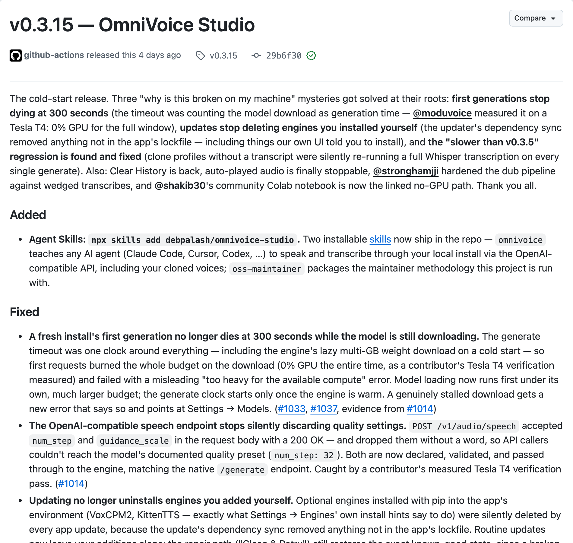 The part of the v0.3.15 release notes that mentions my GitHub name